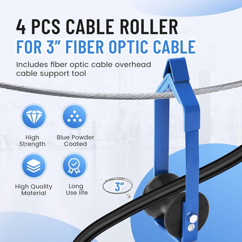 KUAFU 4 Pcs Universal Cable Roller 3"" in Diameter Including Fiber Optic Cable Aerial Cable Support Tool Steel+Plastic Powder Coated Blue - Image 2